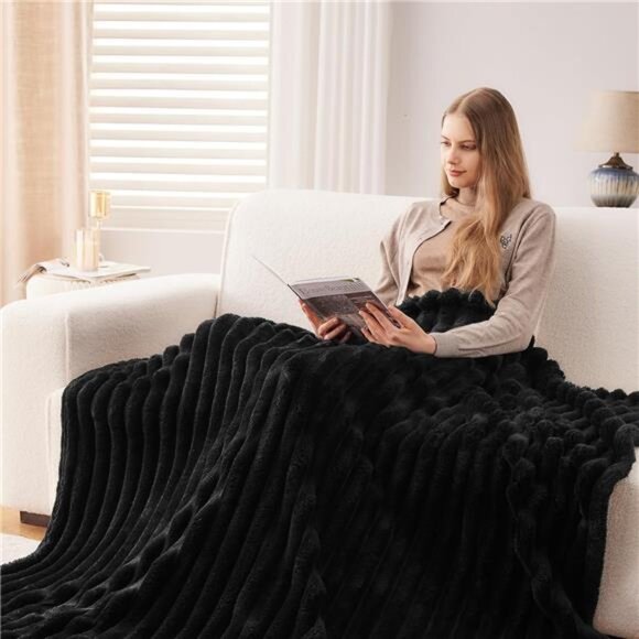 Super Soft Throw Blanket Black Ribbed Premium Silky Flannel Fleece 50"x60" - Picture 4 of 6